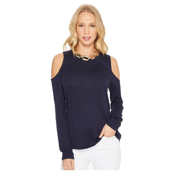 New Lilly Pulitzer Lyon Cold Shoulder Sweater Small True Navy Blue Cotton Modal - Picture 10 of 11